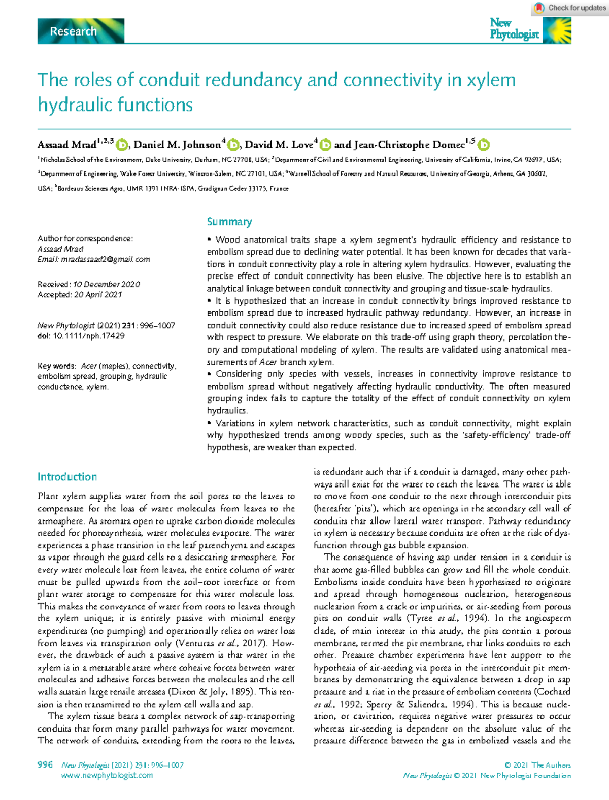 New Phytologist 2021 Mrad The roles of conduit redundancy and