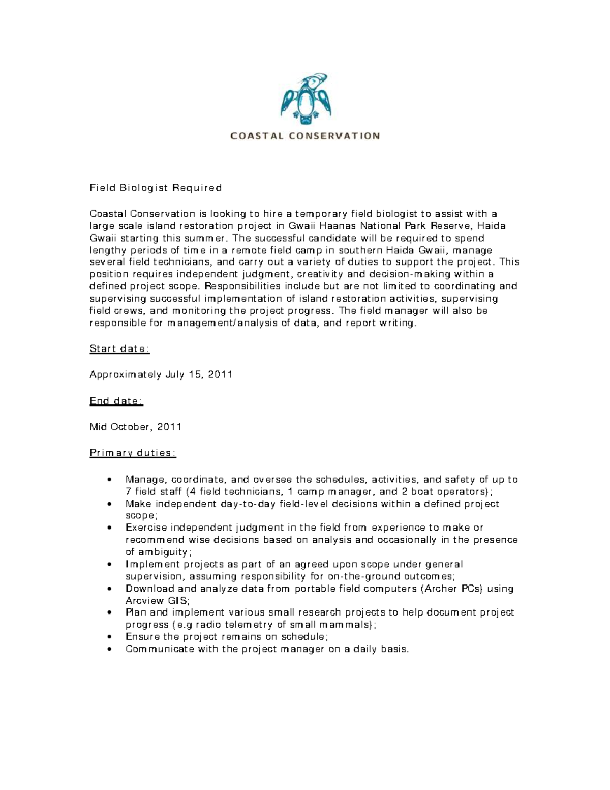 Coastal Conservation Field Biologist Fi e l d B i o l o g i s t Re q