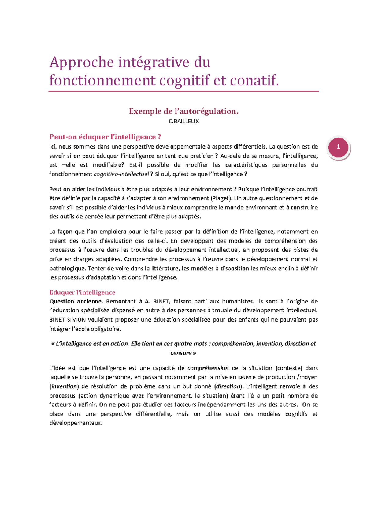 Approche intégrative du fonctionnement cognitif et conatif - Exemple de ...