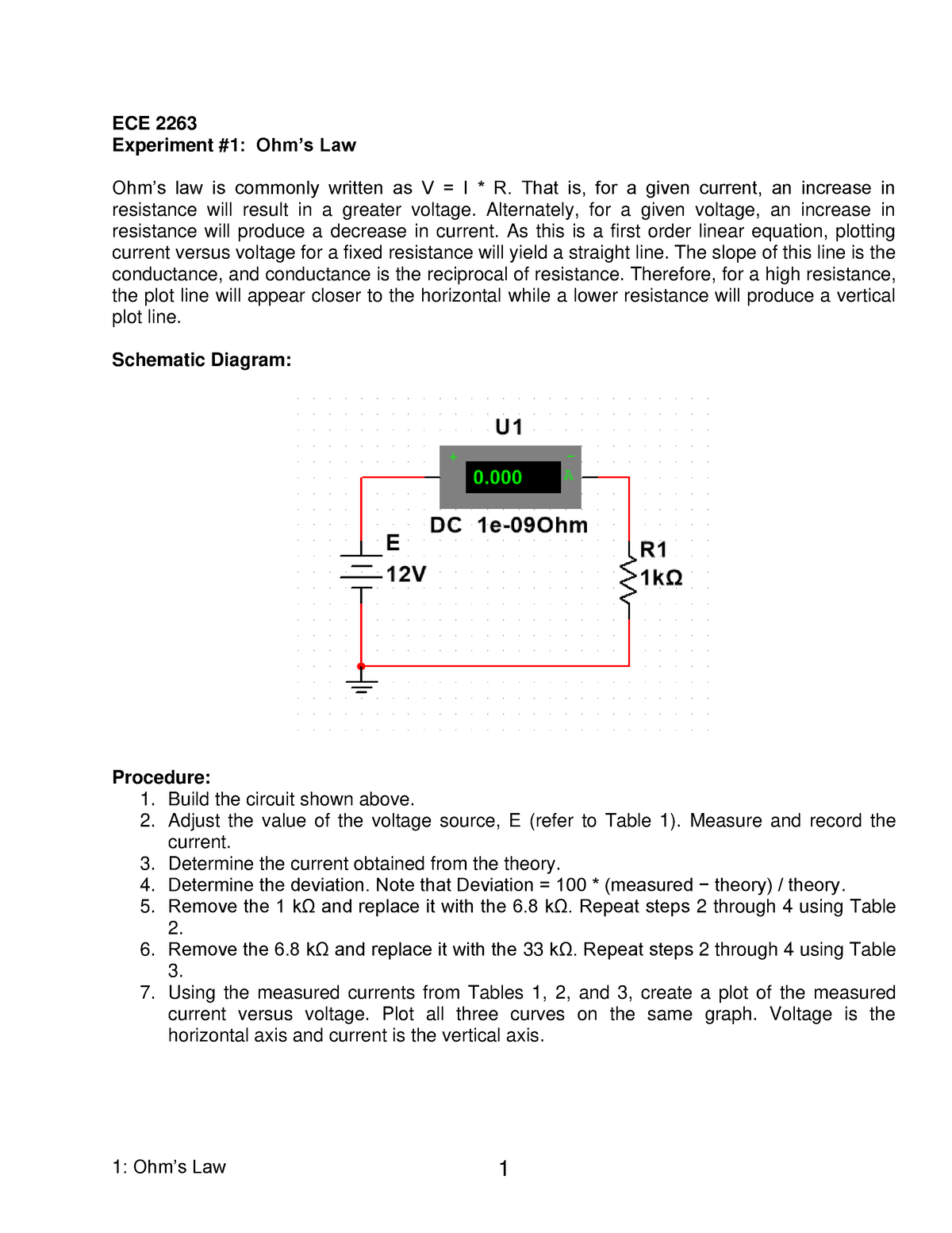 EL1-01-B-Ohms Law - Ohms Law - 1 : Ohm’s Law 1 ECE 2263 Experiment #1 ...