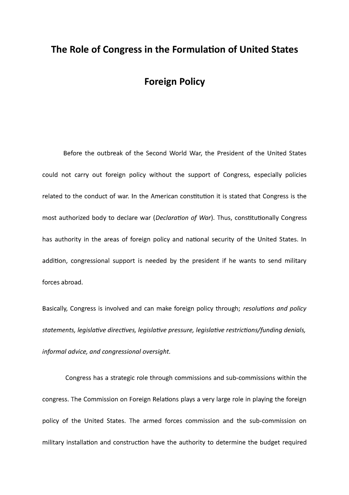 the-role-of-congress-in-the-formulation-of-united-states-foreign-policy