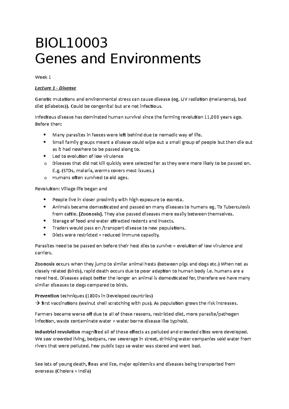 Biol10003 Condensed Notes - BIOL Genes and Environments Week 1 Lecture ...