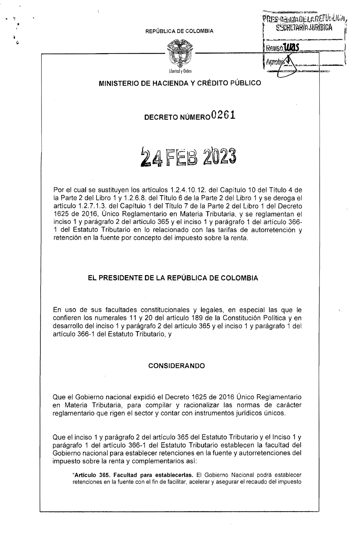 Decreto 0261 DEL 24 DE Febrero DE 2023 - REPÚBLICA DE COLOMBIA Libertad ...