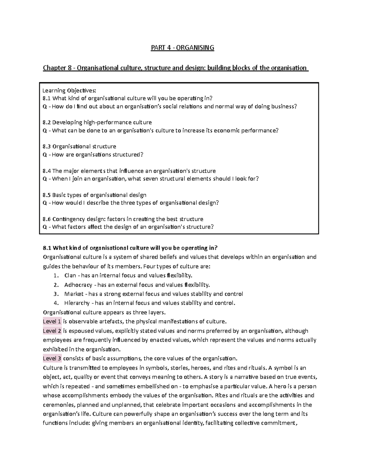 MGMT1002 Part 4 Notes - textbook - PART 4 - ORGANISING Chapter 8 ...