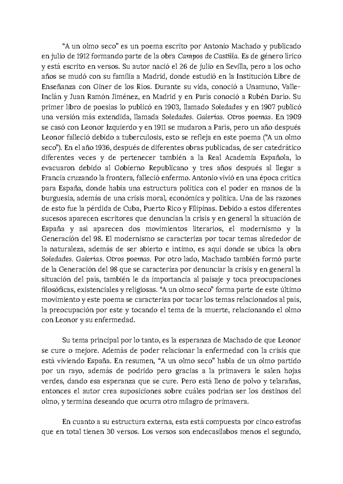 “A un olmo seco” - Comentario de texto - “A un olmo seco” es un poema ...