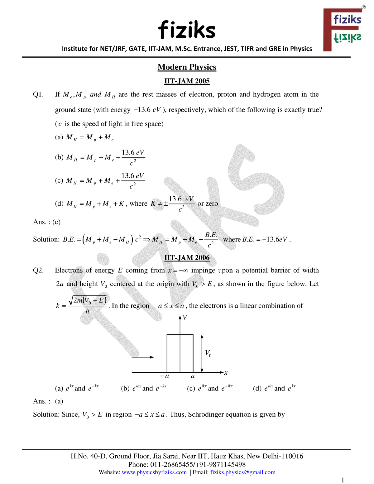 Modern Physics - Institute For NET/JRF, GATE, IIT‐JAM, M. Entrance ...