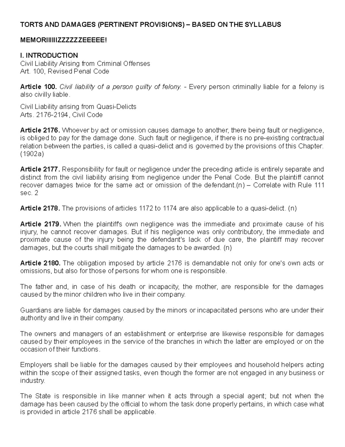 Must Memorize Important Torts Provisions - TORTS AND DAMAGES (PERTINENT ...