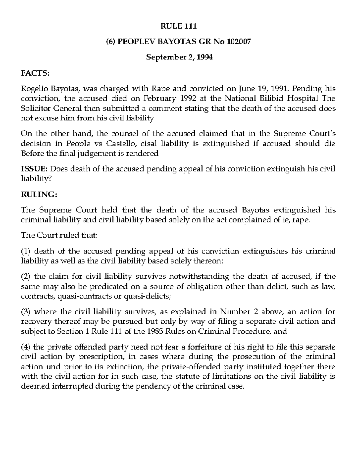 (6) People v Bayotas - Lecture notes 12 - RULE 111 (6) PEOPLEV BAYOTAS ...