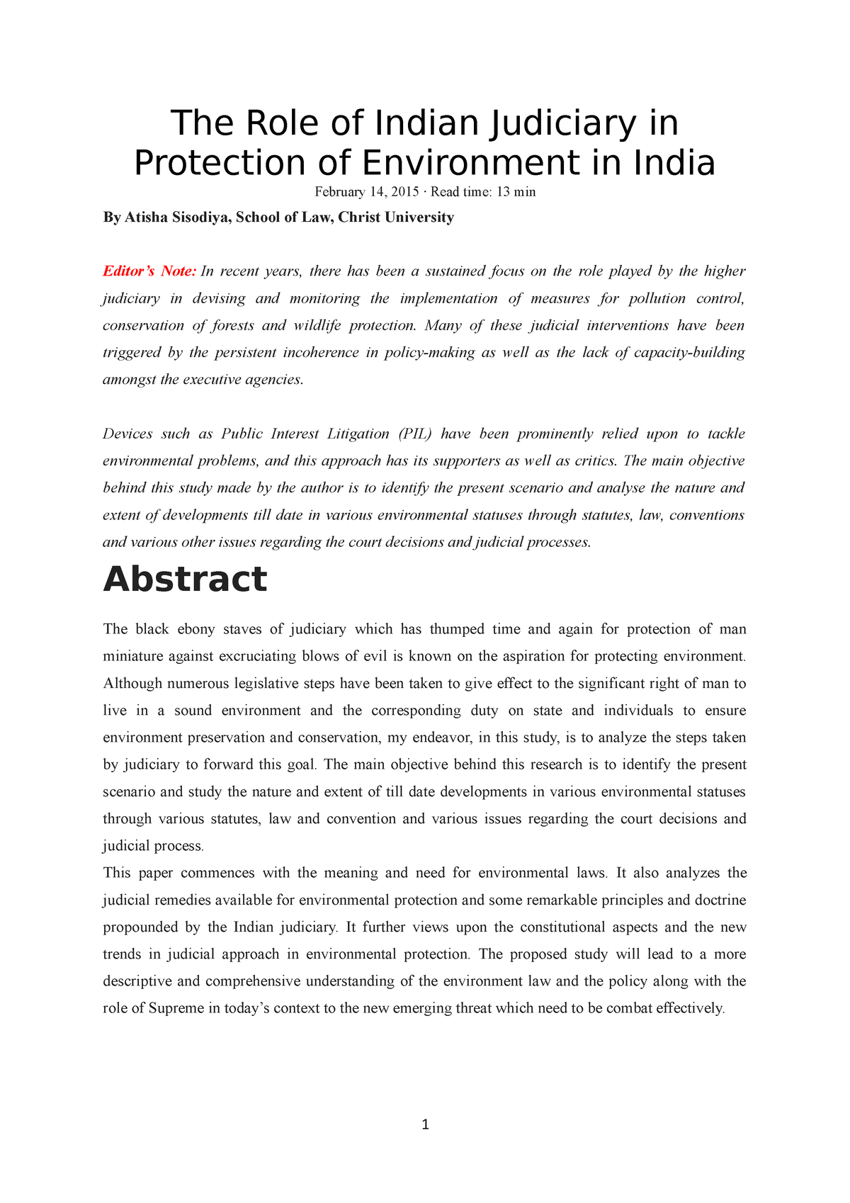 Environment Law Assignment The Role Of Indian Judiciary In