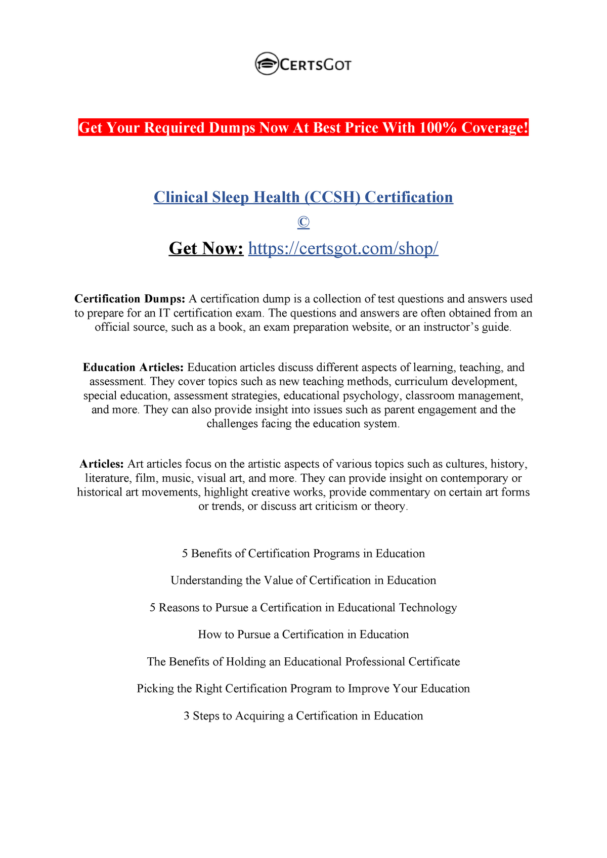 Clinical Sleep Health (CCSH) Certification Get Your Required Dumps