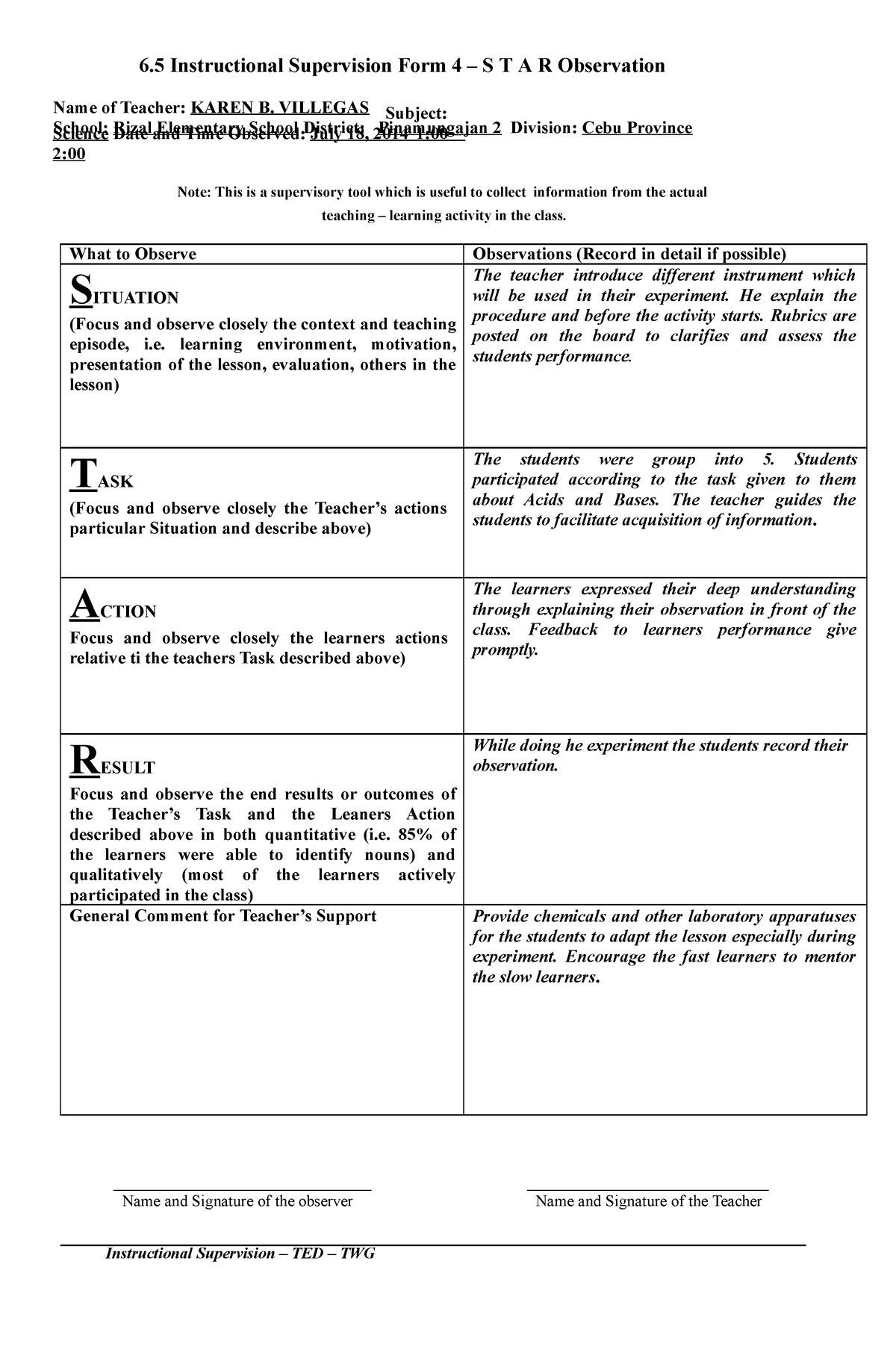 Classroom Observation Checklist Deped - Form example download