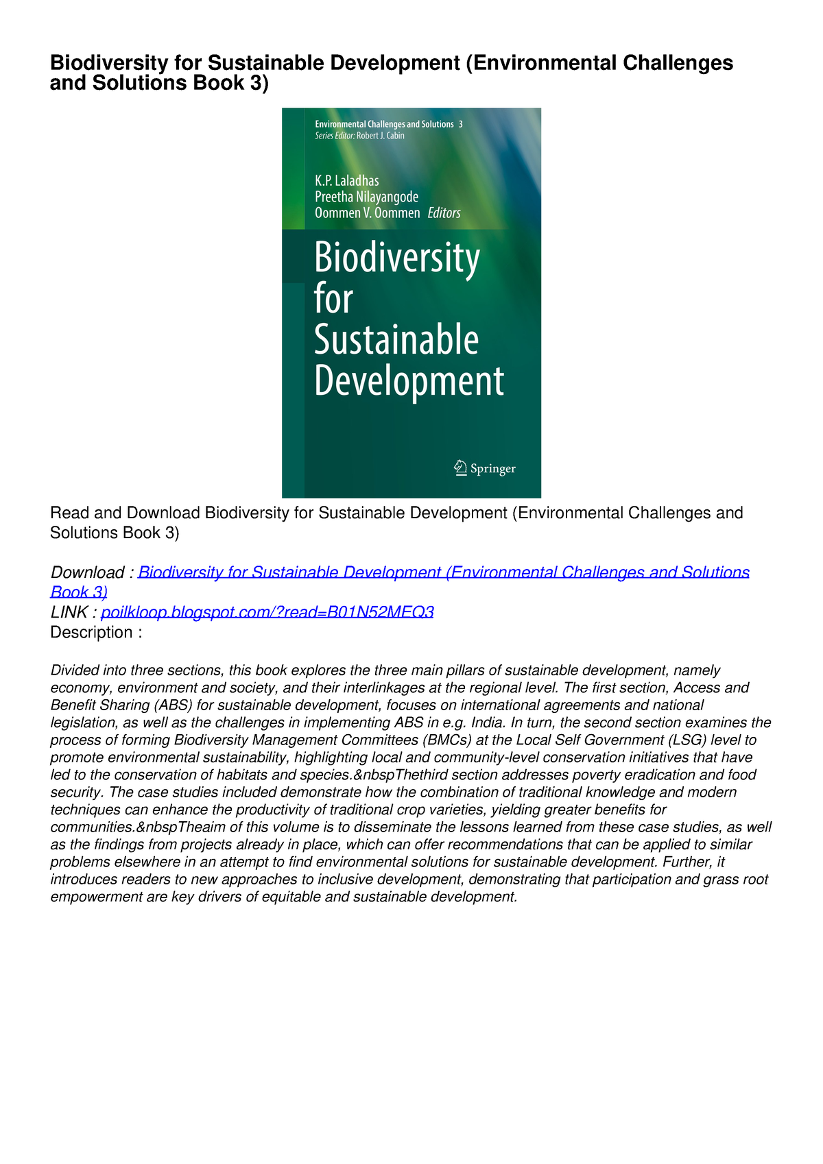 DOWNLOAD/PDF Biodiversity For Sustainable Development (Environmental ...