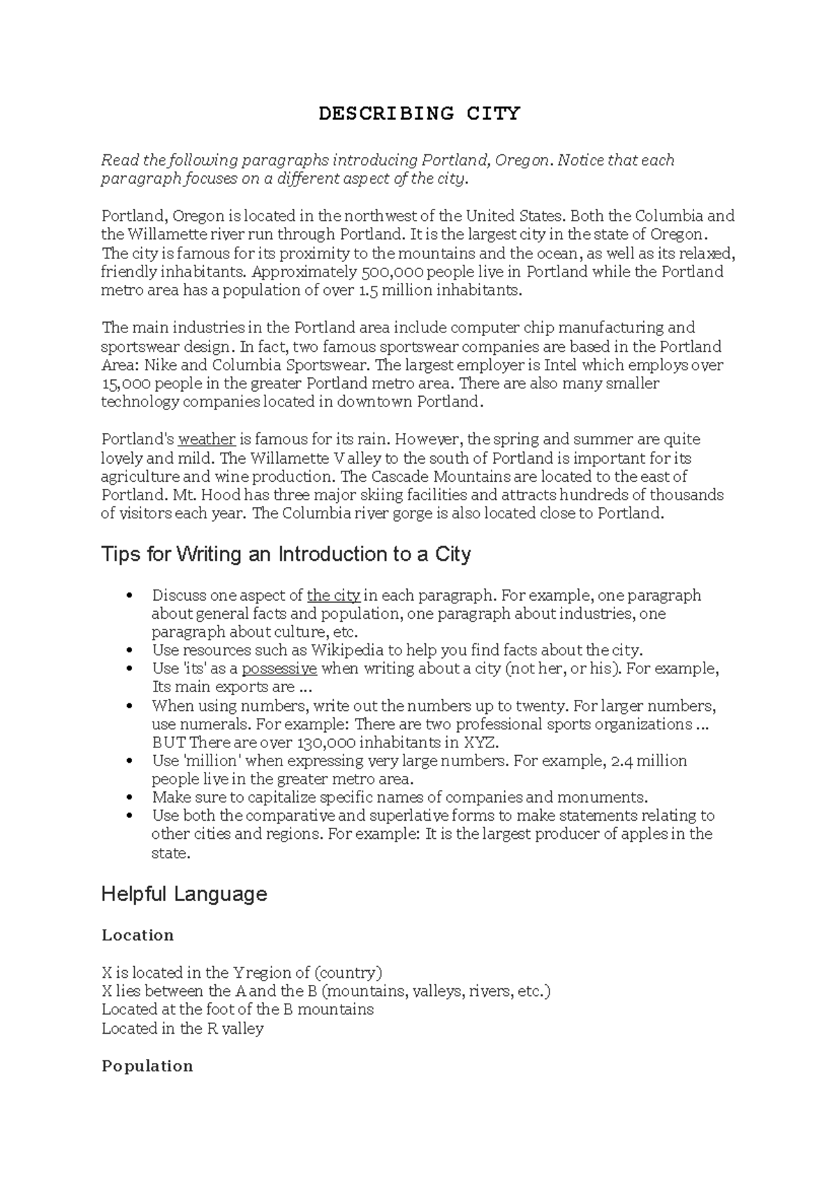 Describing CITY DESCRIBING CITY Read the following paragraphs