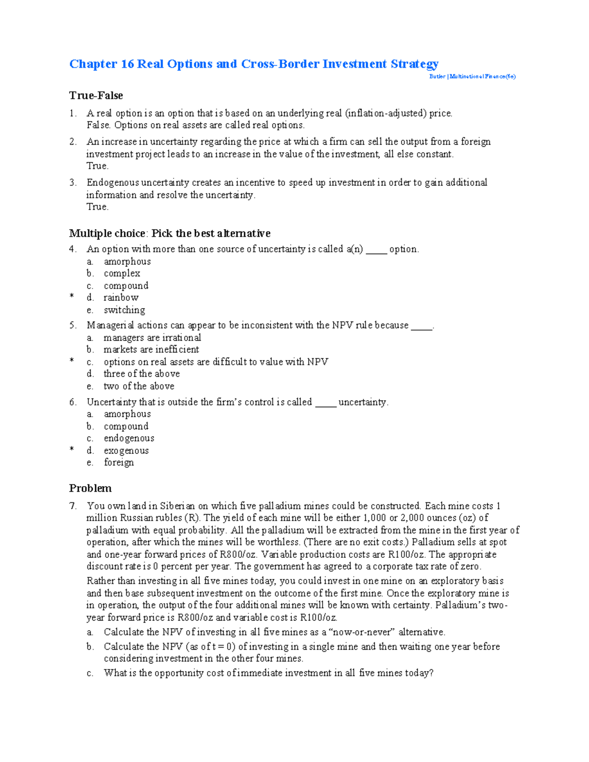 FI 451 Chapter 16 Sample Quiz - Chapter 16 Real Options and Cross ...