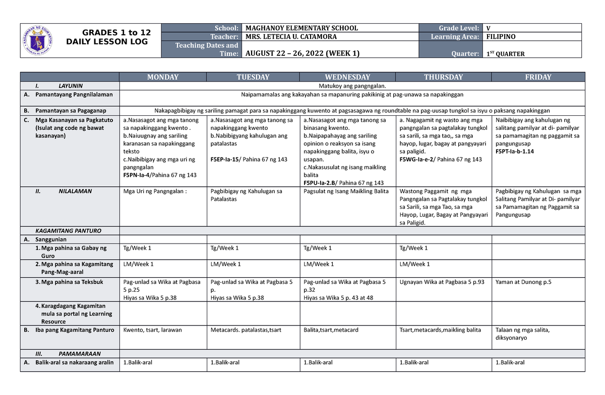 DLL Filipino 5 Q1 W1 - Daily Lesson Log. - GRADES 1 To 12 DAILY LESSON ...