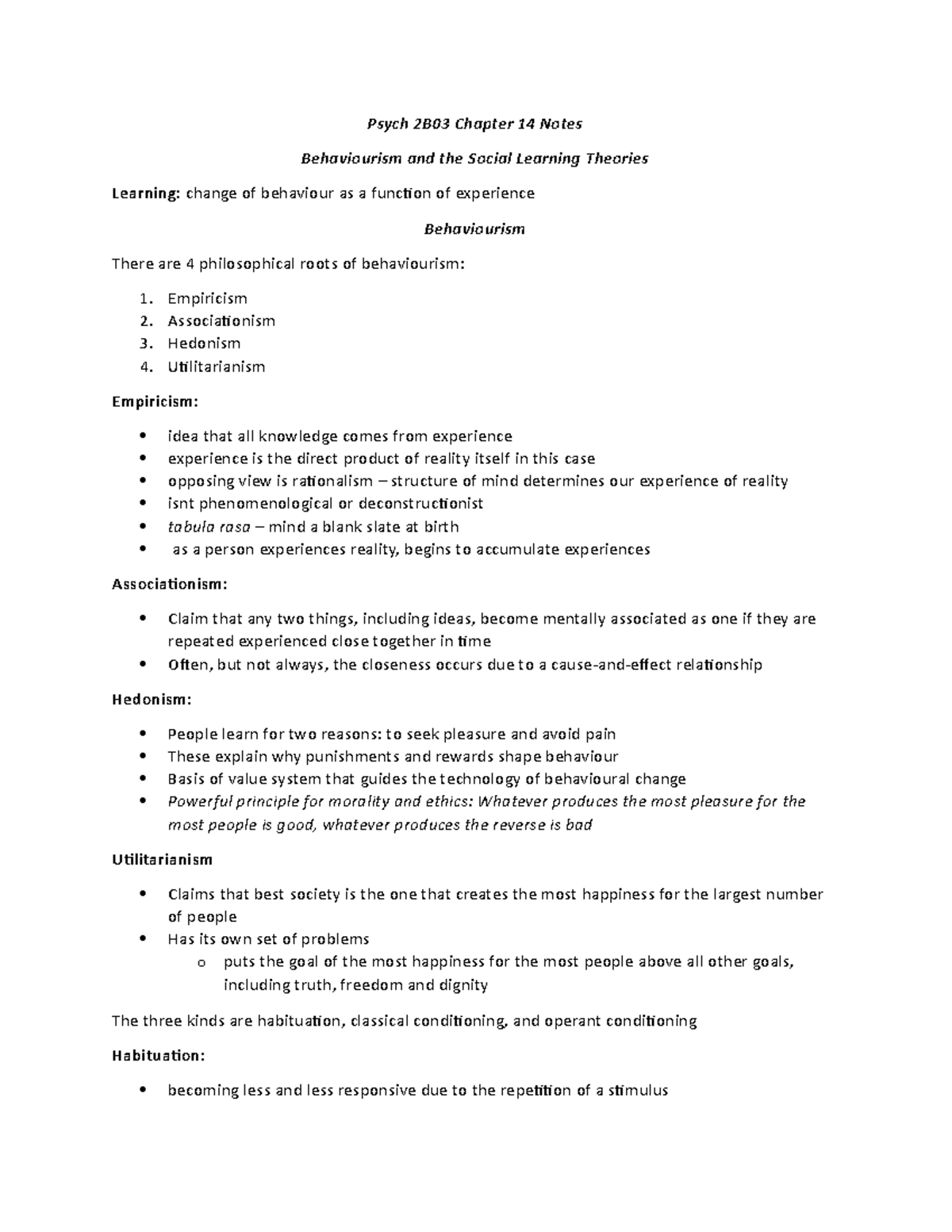 Psych 2B03 Chapter 14 Notes - Psych 2B03 Chapter 14 Notes Behaviourism ...