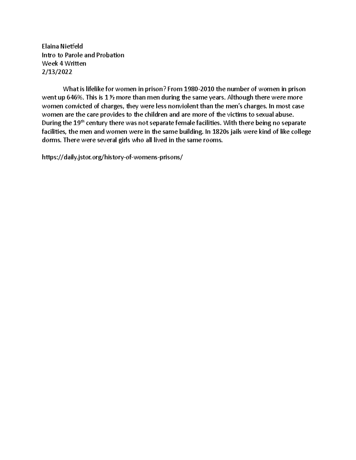 Week 4 Written Assignment - Elaina Nietfeld Intro to Parole and ...