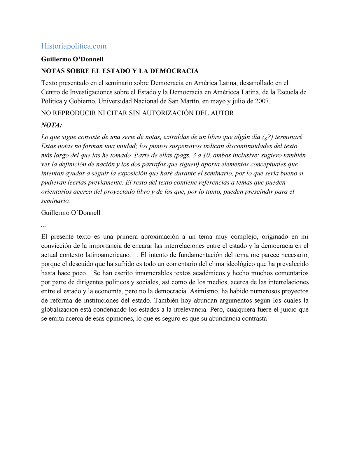 O' Donnell, G. Notas Sobre El Estado Y La Democracia - Historiapolitica ...