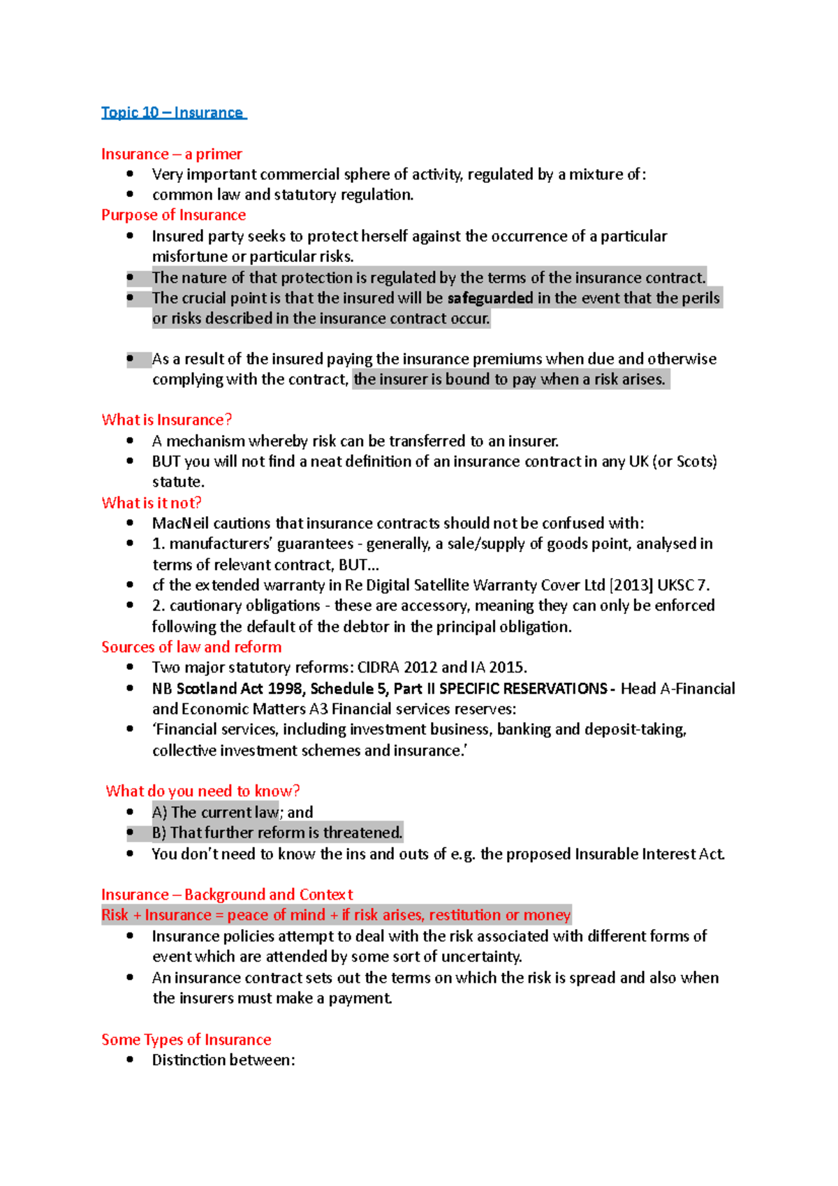 10 Insurance - Lecture notes 10 - Topic 10 – Insurance Insurance – a ...
