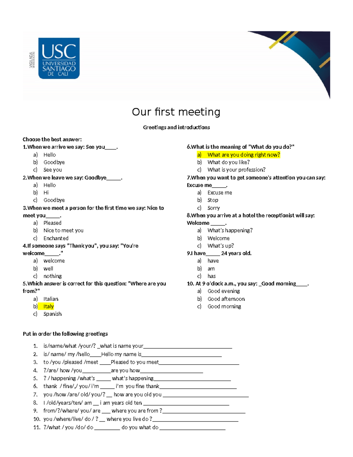 Our first meeting - Apuntes de ingles 2 - Our first meeting Greetings ...