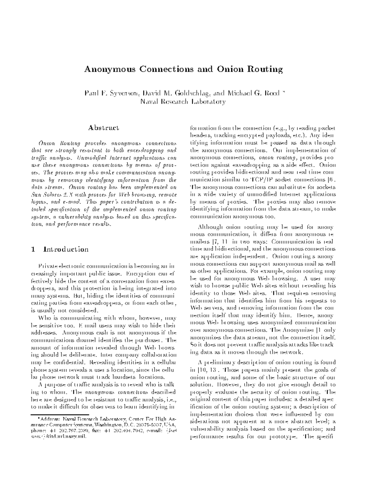Anonymous Connections and Onion Routing - Syverson, David M. Goldschlag ...