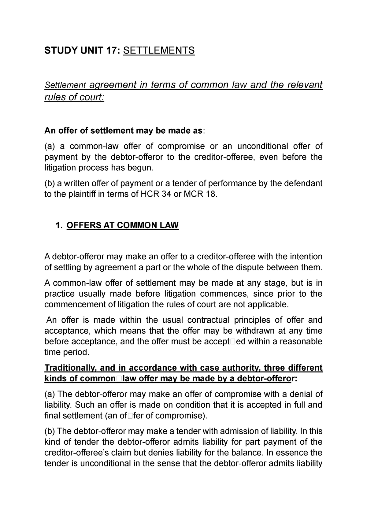 Study UNIT 17 (OWN Notes) - STUDY UNIT 17: SETTLEMENTS Settlement ...