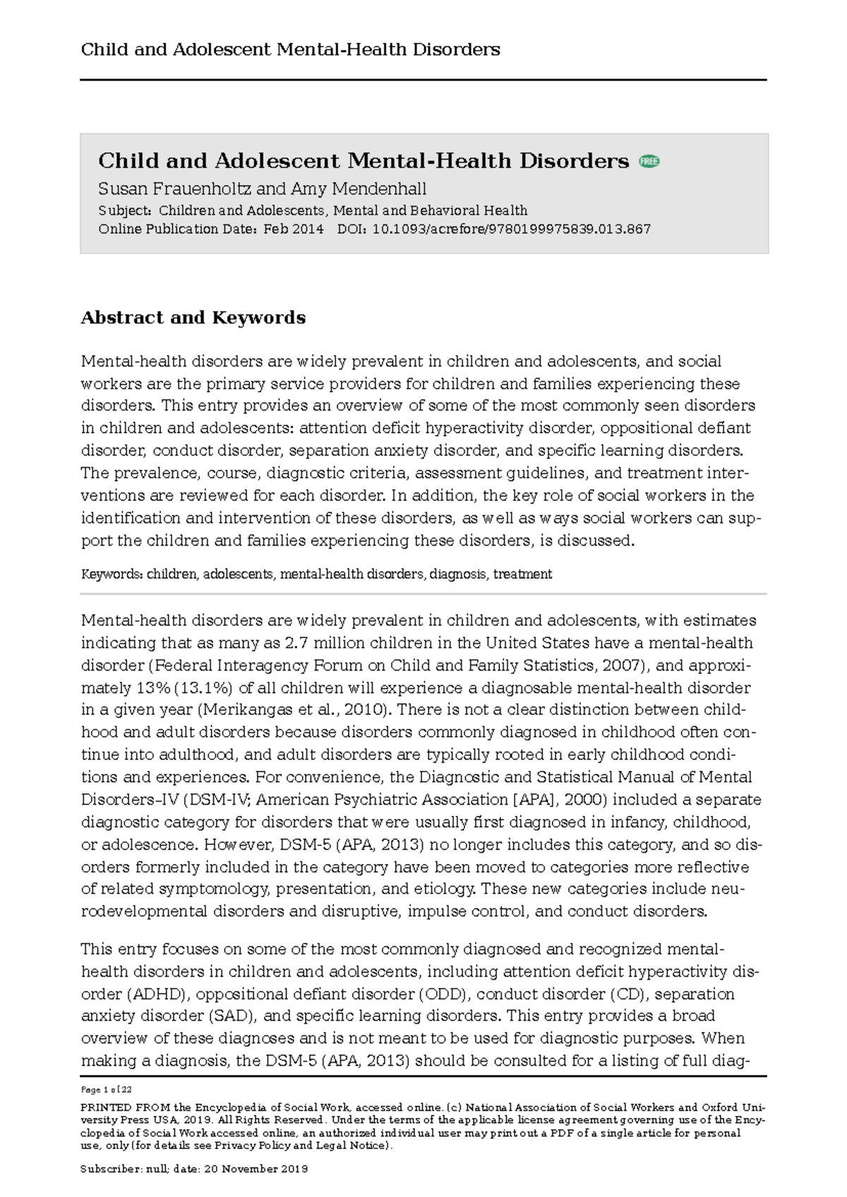 Child and Adolescent Mental Health Disorders - Page 1 of 22 PRINTED ...