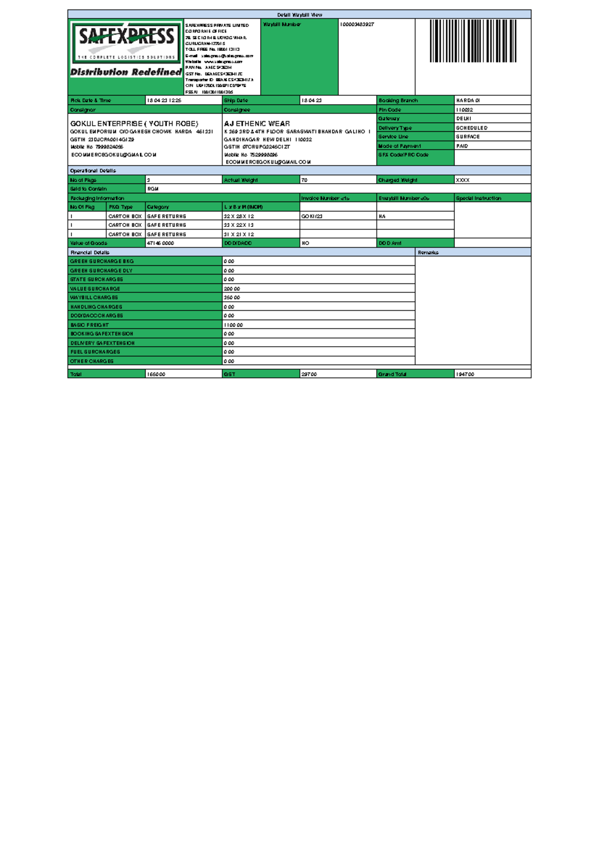 100003483927 Aryan Detail Waybill View SAFEXPRESS PRIVATE LIMITED