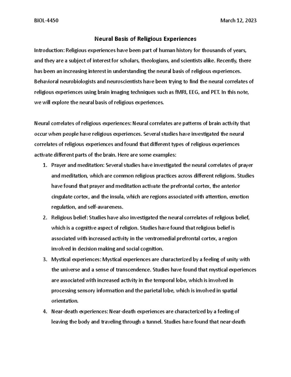 Neural basis of religious experiences - BIOL-4450 March 12, 2023 Neural ...