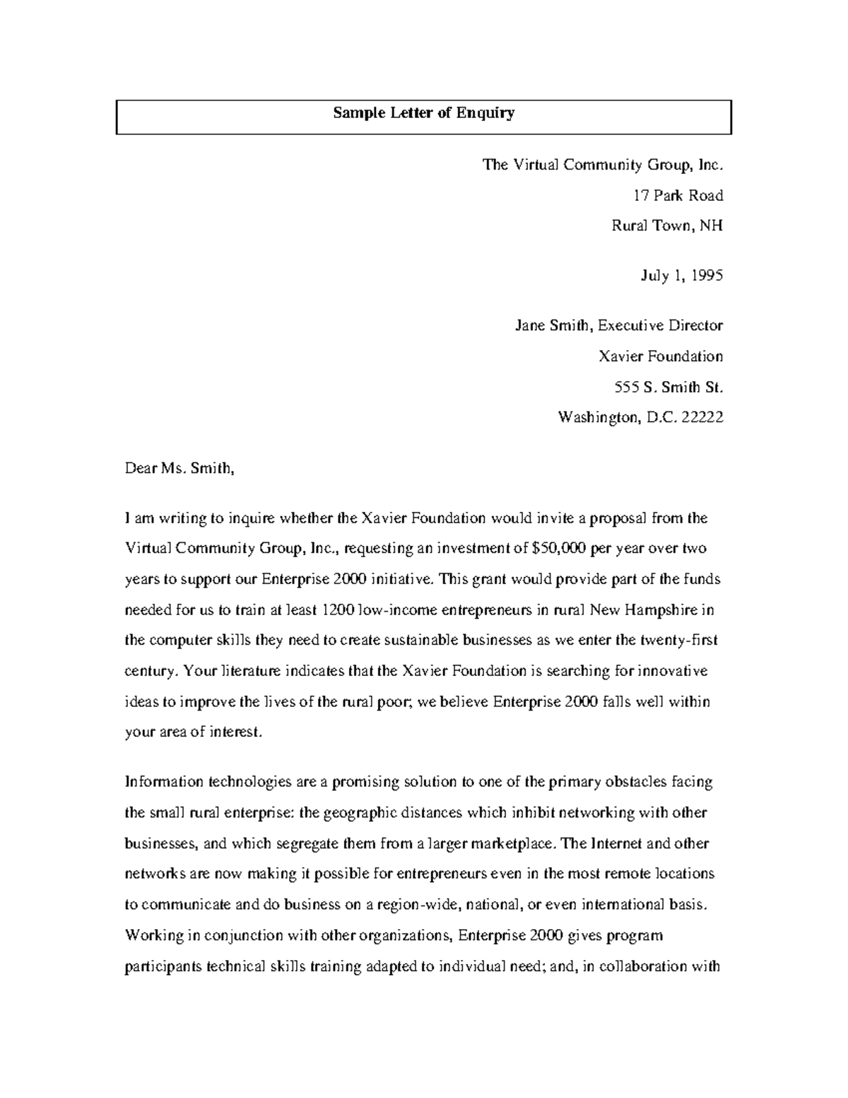 Bad Sample of Enquiry (Sample 1) - Sample Letter of Enquiry The Virtual ...