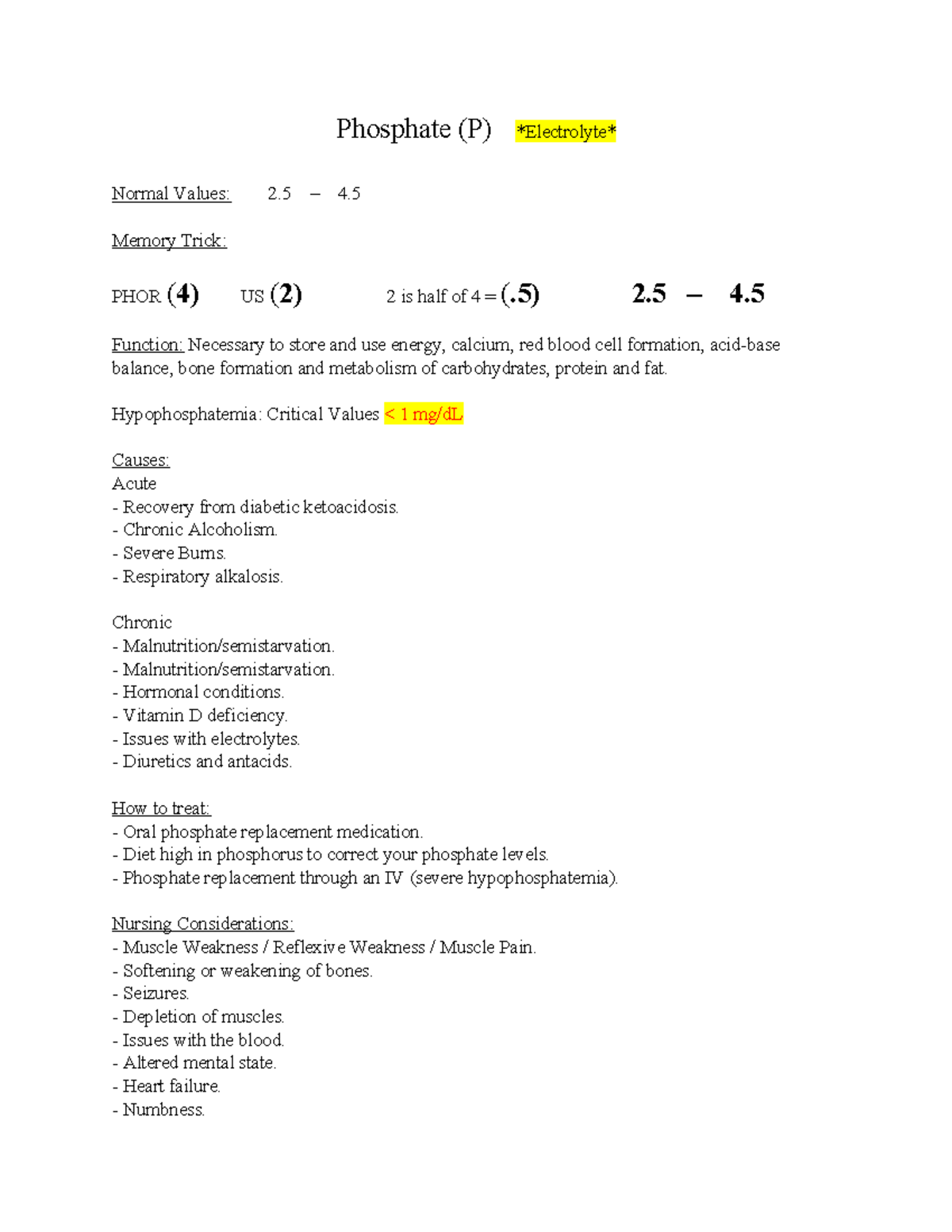 Phosphorus Notes that will help with lab values Phosphate (P