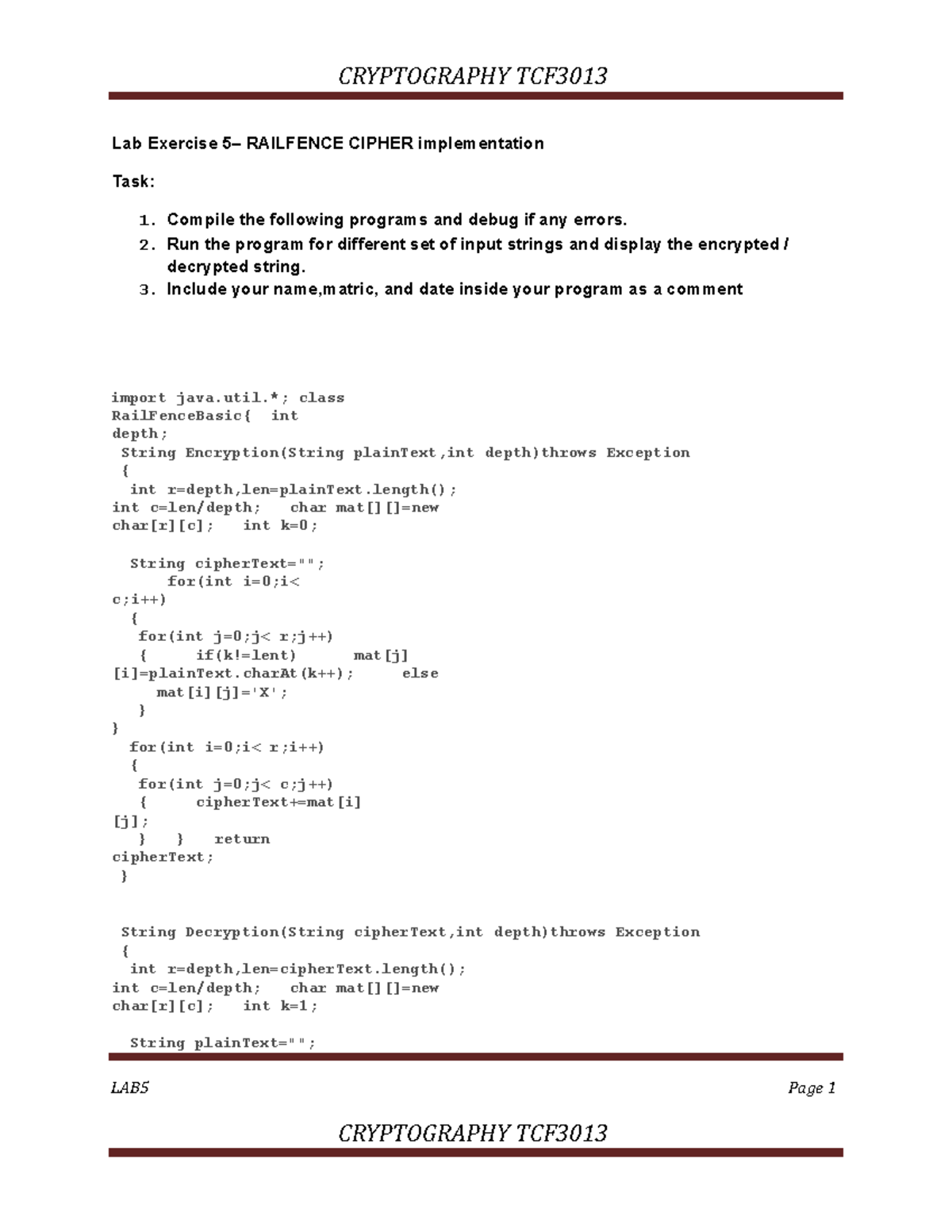 Lab5 rail fence cipher - enjoy the answer friends because it's all ...