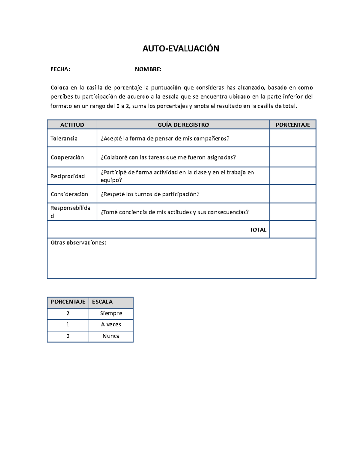 Metodo DE Autoevaluacion - AUTO-EVALUACIÓN FECHA: NOMBRE: Coloca en la ...