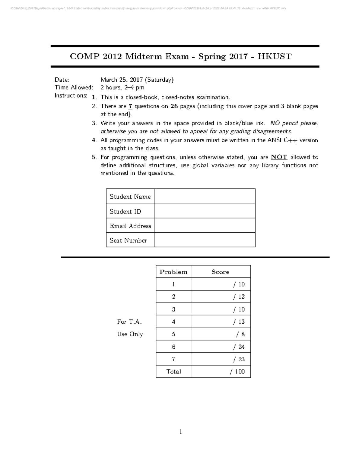 COMP2012 2017 S MT - past paper - COMP 2012 Midterm Exam - Spring 2017 ...