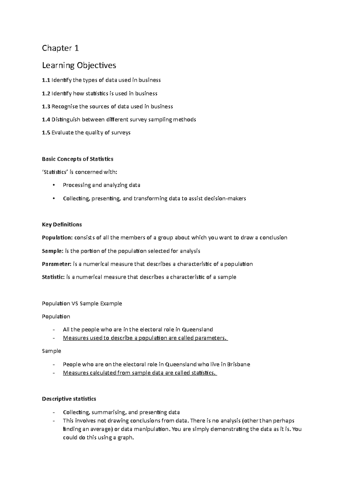 Week 1 - Data (ch 1-3) - Lecture notes 1 - Chapter 1 Learning Objecives ...