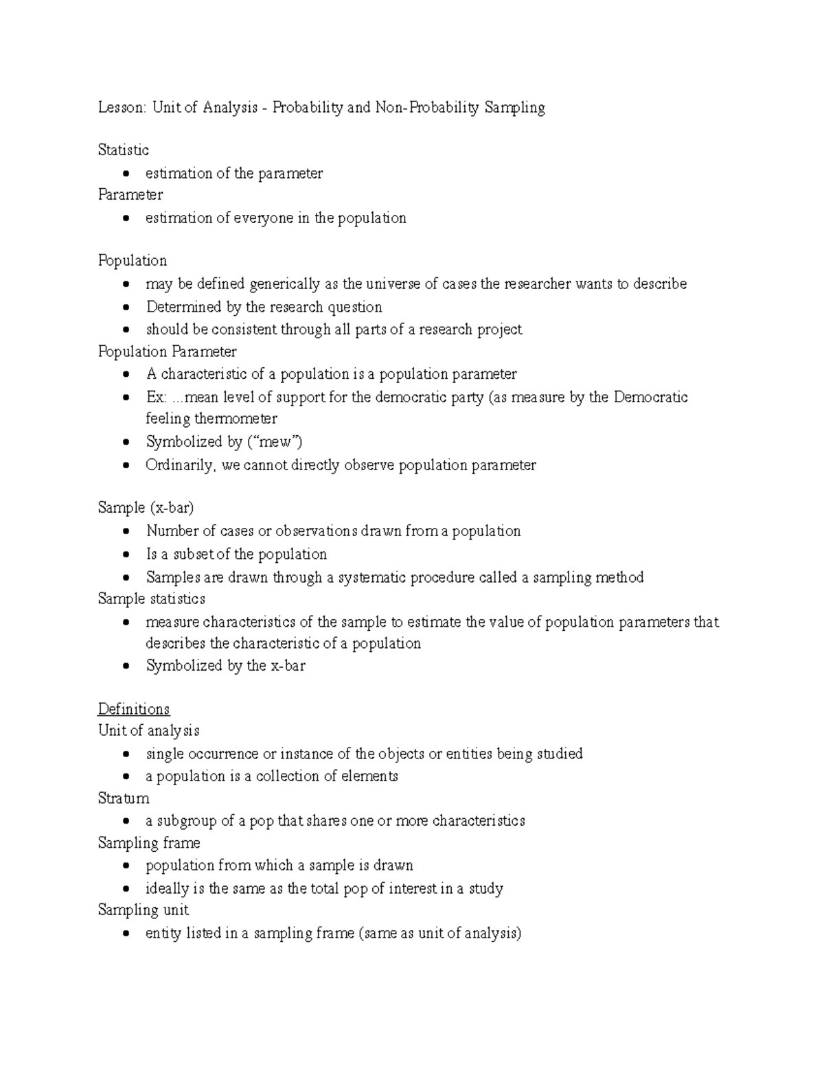 Unit of Analysis - Probability and Non-Probability Sampling - . level ...