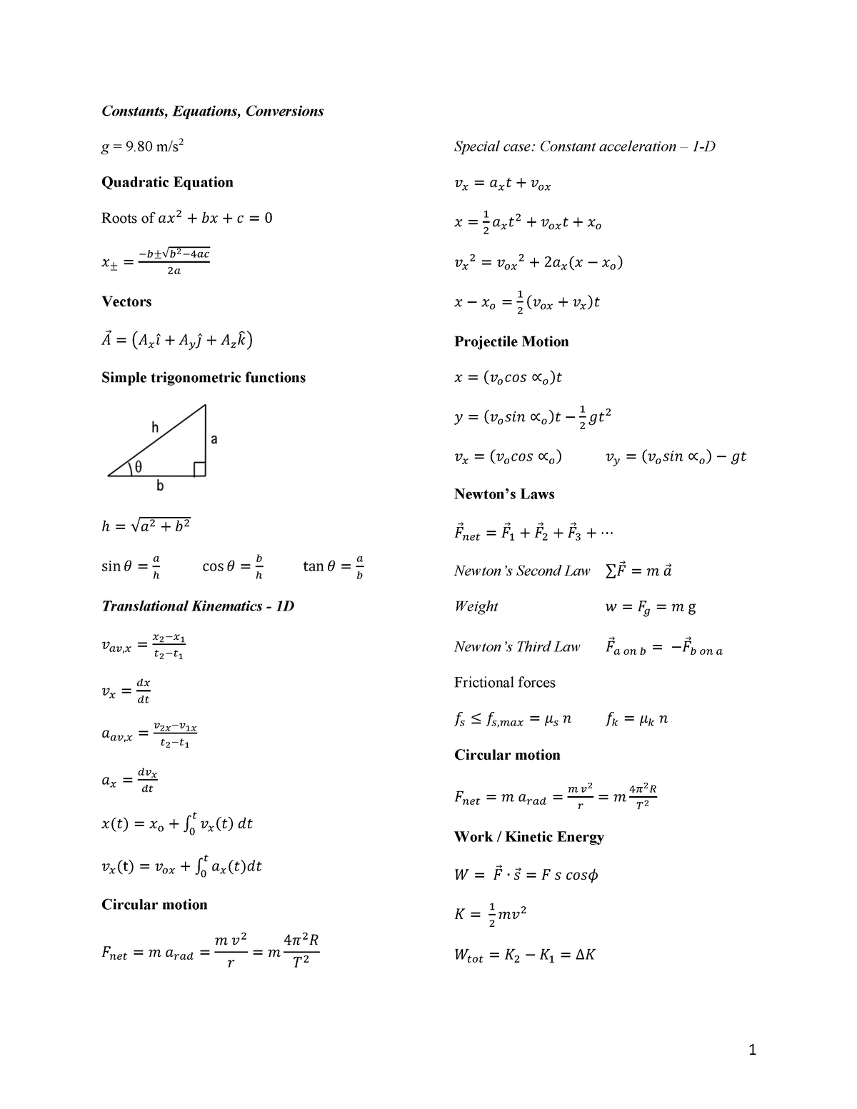 Equations Midterm 2 021323 - 1 Constants, Equations, Conversions g = 9 ...