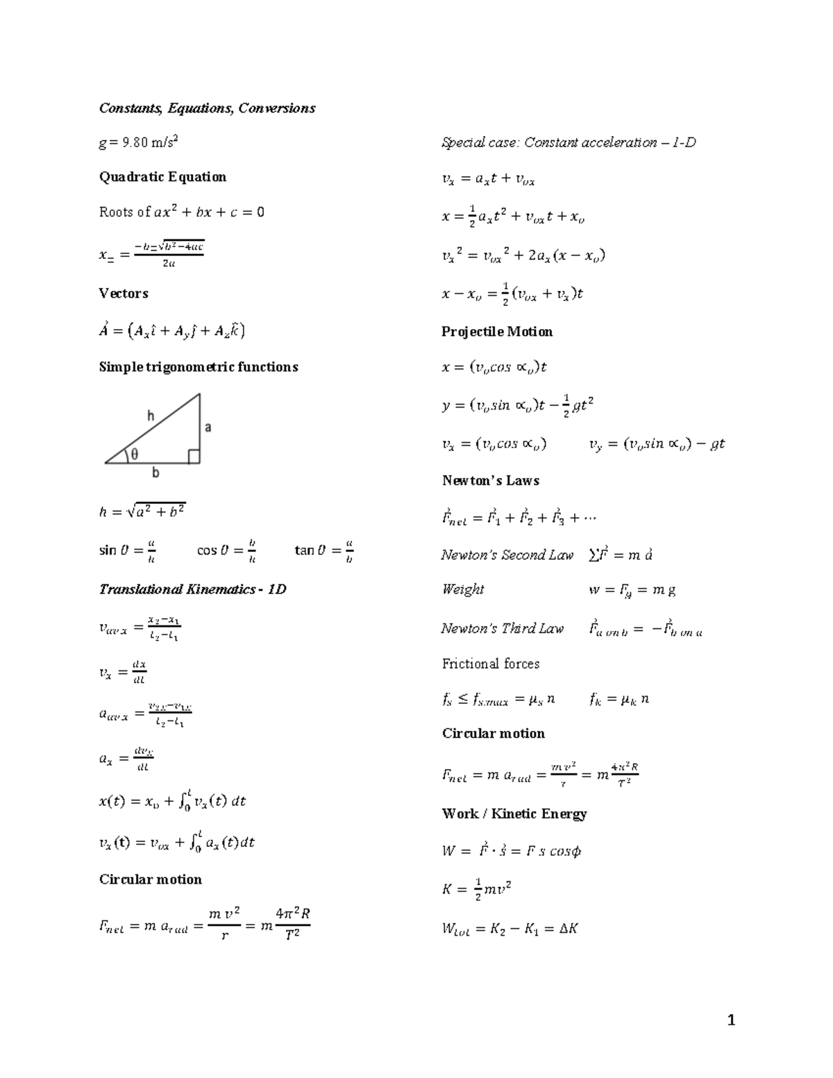 Equations Midterm 2 021323 - 1 Constants, Equations, Conversions g = 9 ...