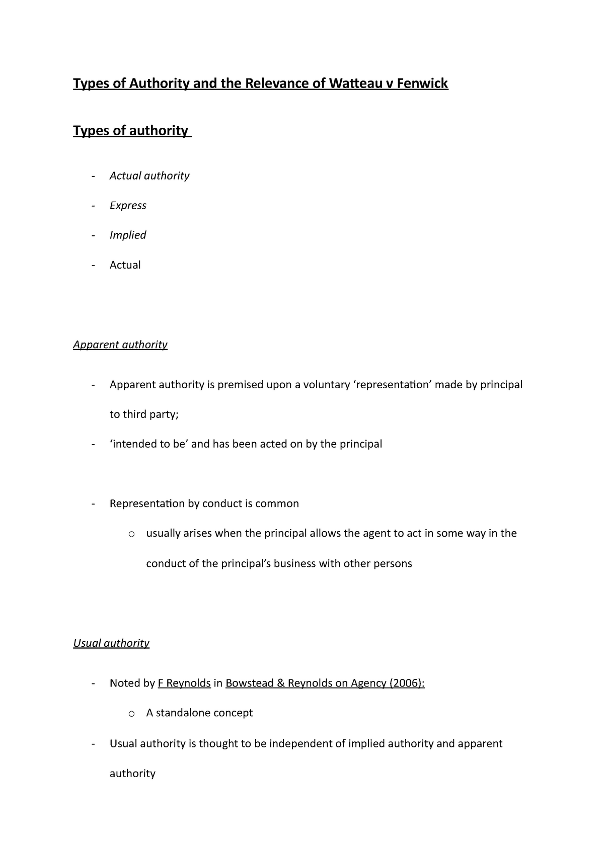 Types of Authority and the Relevance of Watteau v Fenwick