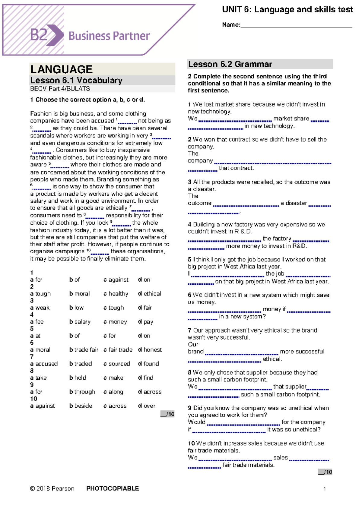 BP B2 Tests Unit6 - Name:_________________________________ LANGUAGE ...