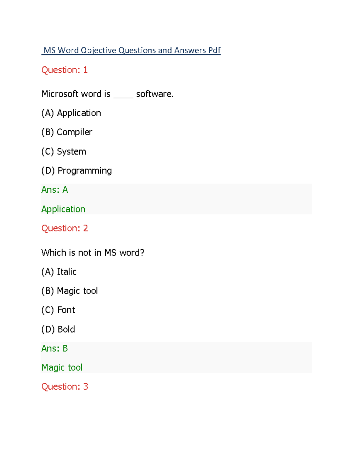 Ms word objective quetsions answers - MS Word Objective Questions and ...