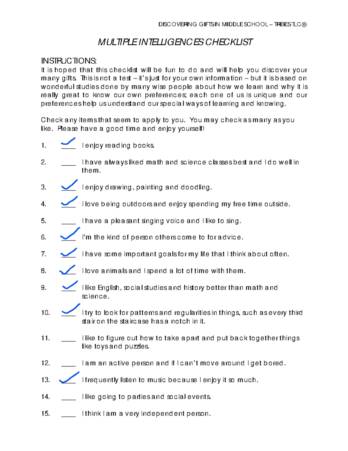 Sub 1 - report - MULTIPLE INTELLIGENCES CHECKLIST INSTRUCTIONS: It is ...