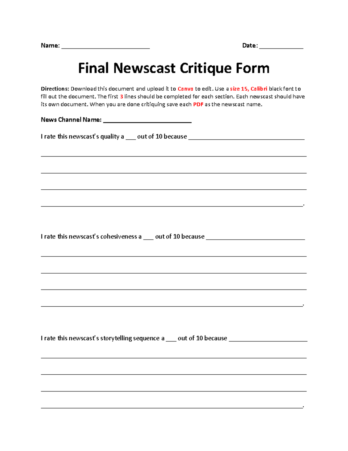 Final Newscast Critique Form - Final Newscast Critique Form Directions ...