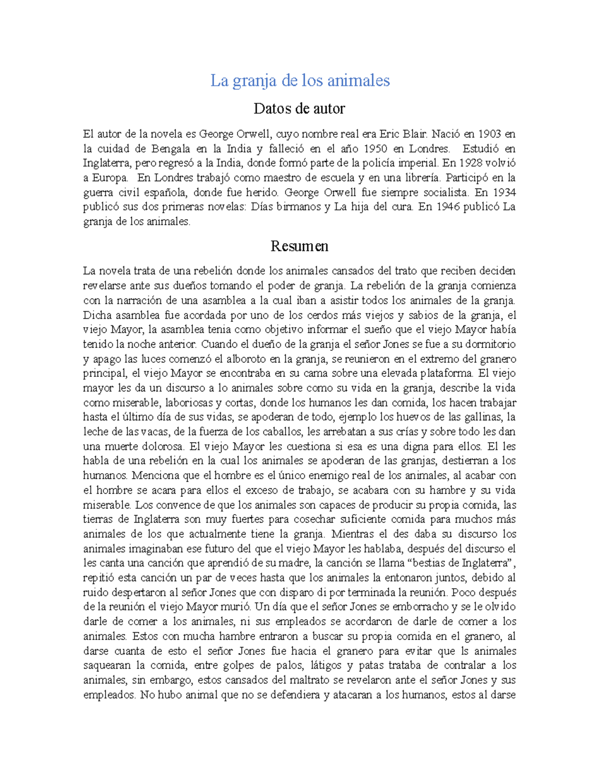 La granja de los animales La granja de los animales Datos de autor El La granja de los animales La granja de los animales Datos de autor El