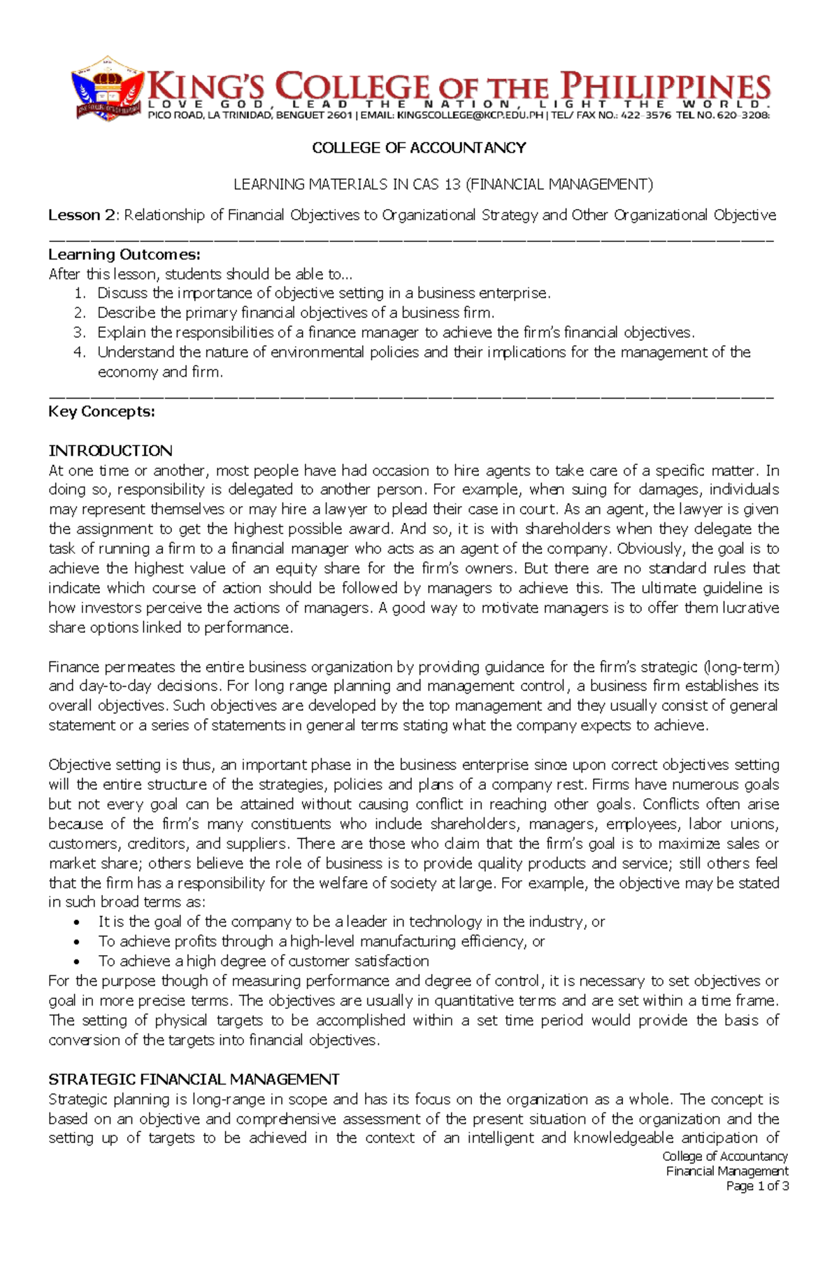 Lesson 2 Financial Management - College Of Accountancy Financial 