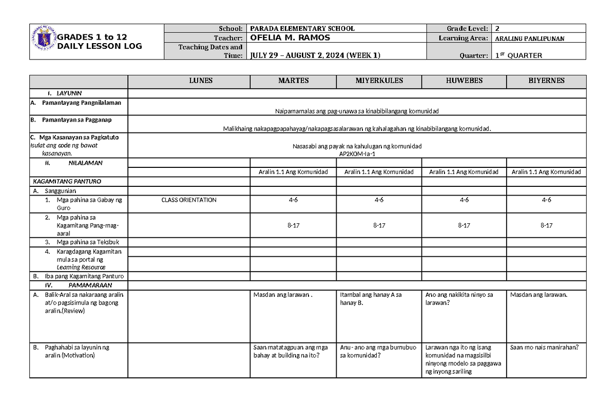 DLL Araling Panlipunan 2 Q1 W1 - GRADES 1 to 12 DAILY LESSON LOG School ...