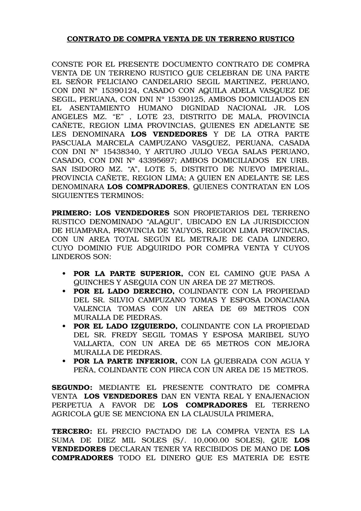 Contrato DE Compra Venta DE Terreno Agricola Huampara - CONTRATO DE COMPRA  VENTA DE UN TERRENO - Studocu