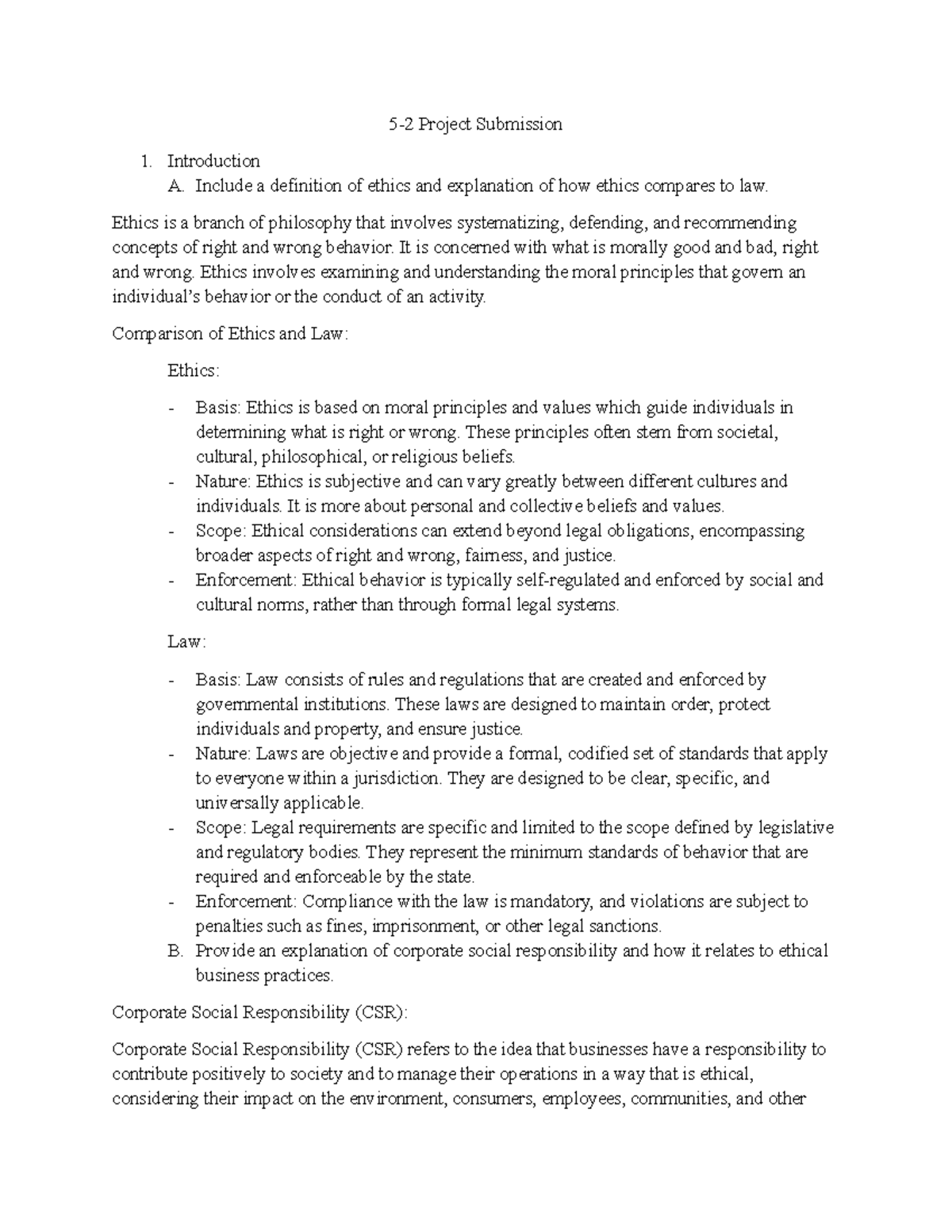 Ethics and Corporate Social Responsibility: BUS 5-2 Project Submission ...