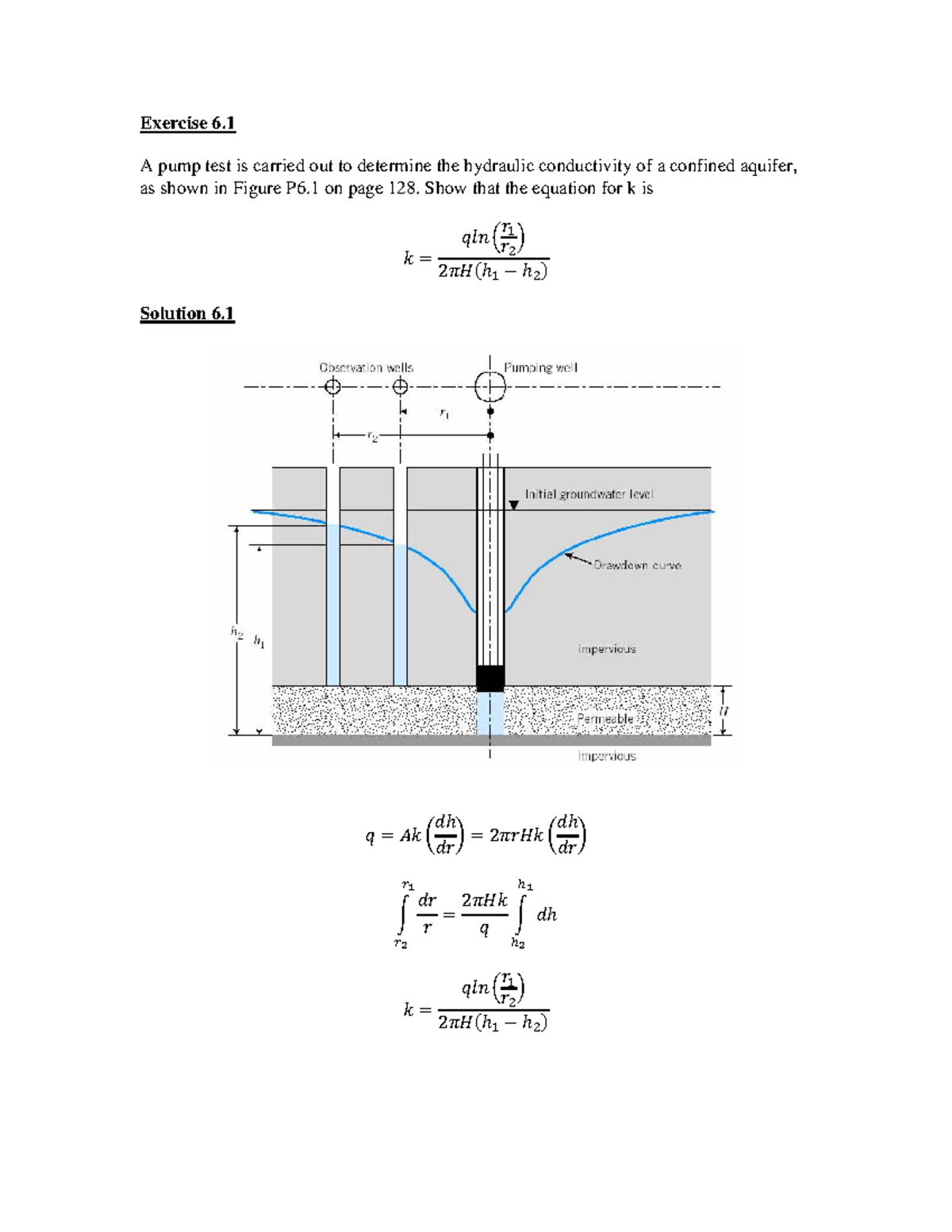 Exercise 6.1 A pump test is carried out to determine the hydraulic