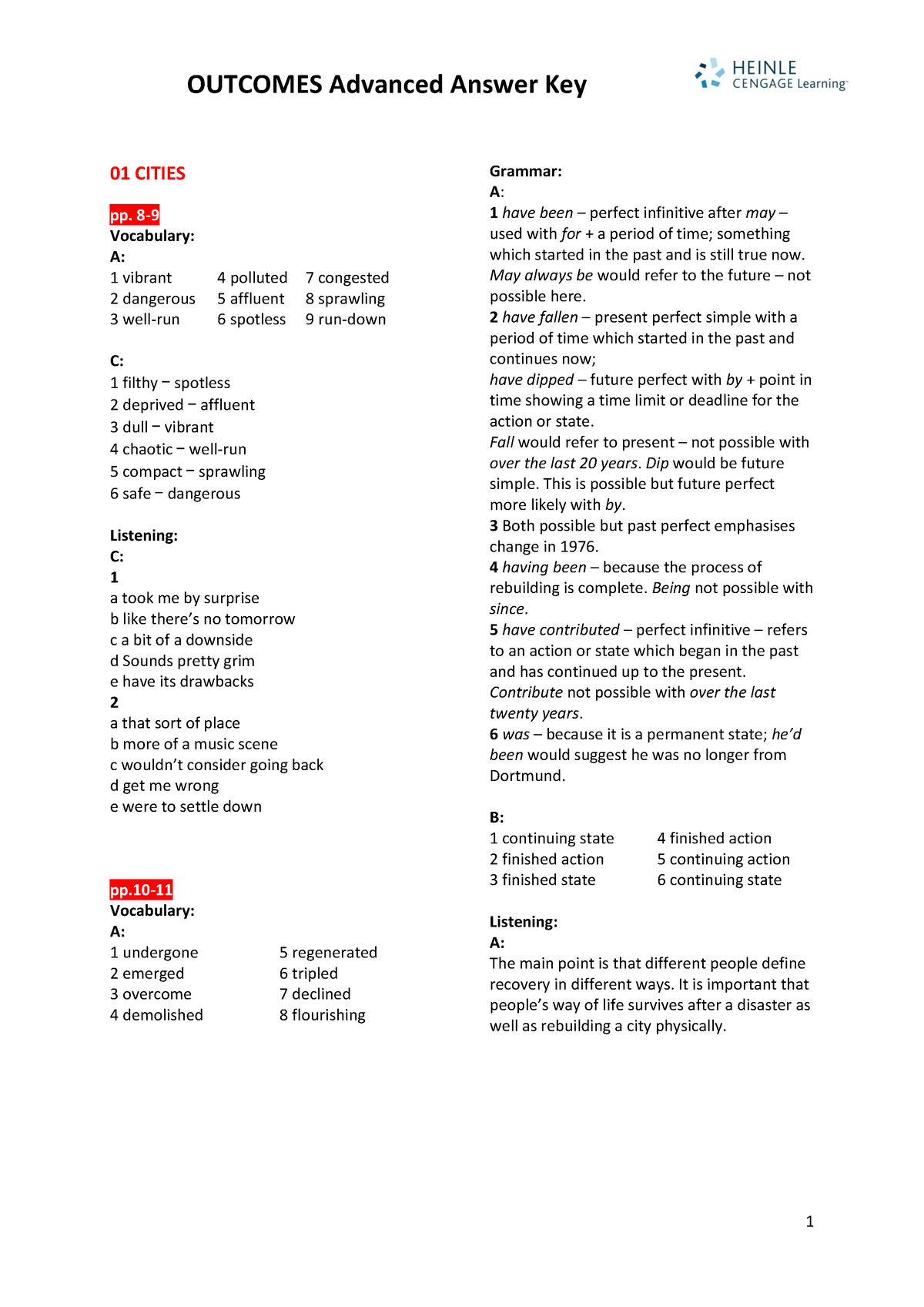 Outcomes Advanced Answer Key - OUTCOMES Advanced Answer Key 01 CITIES pp.  8- Vocabulary: A: 1 - Studocu